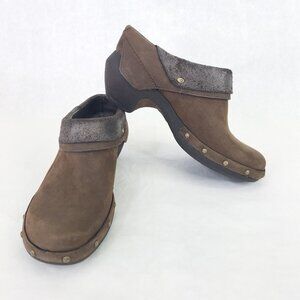 Merrell Luxe Wrap Mule Women's 6 Brown Suede Leather Clog Metal Rivets Cone Heel